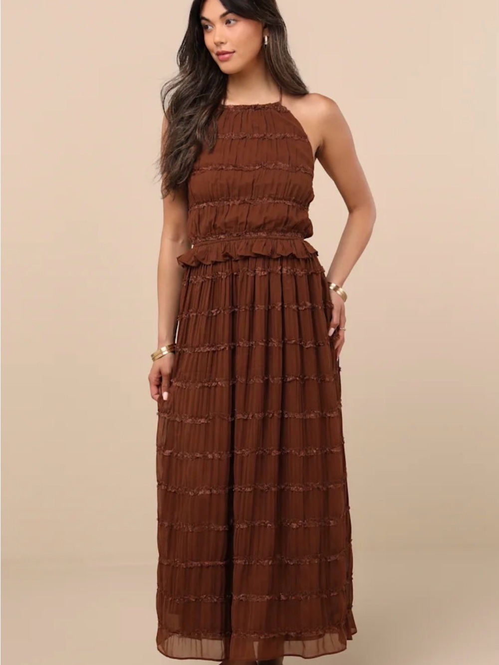Lulu's Madriana Brown Halter Neck Ruffed Midi Dress Size XS